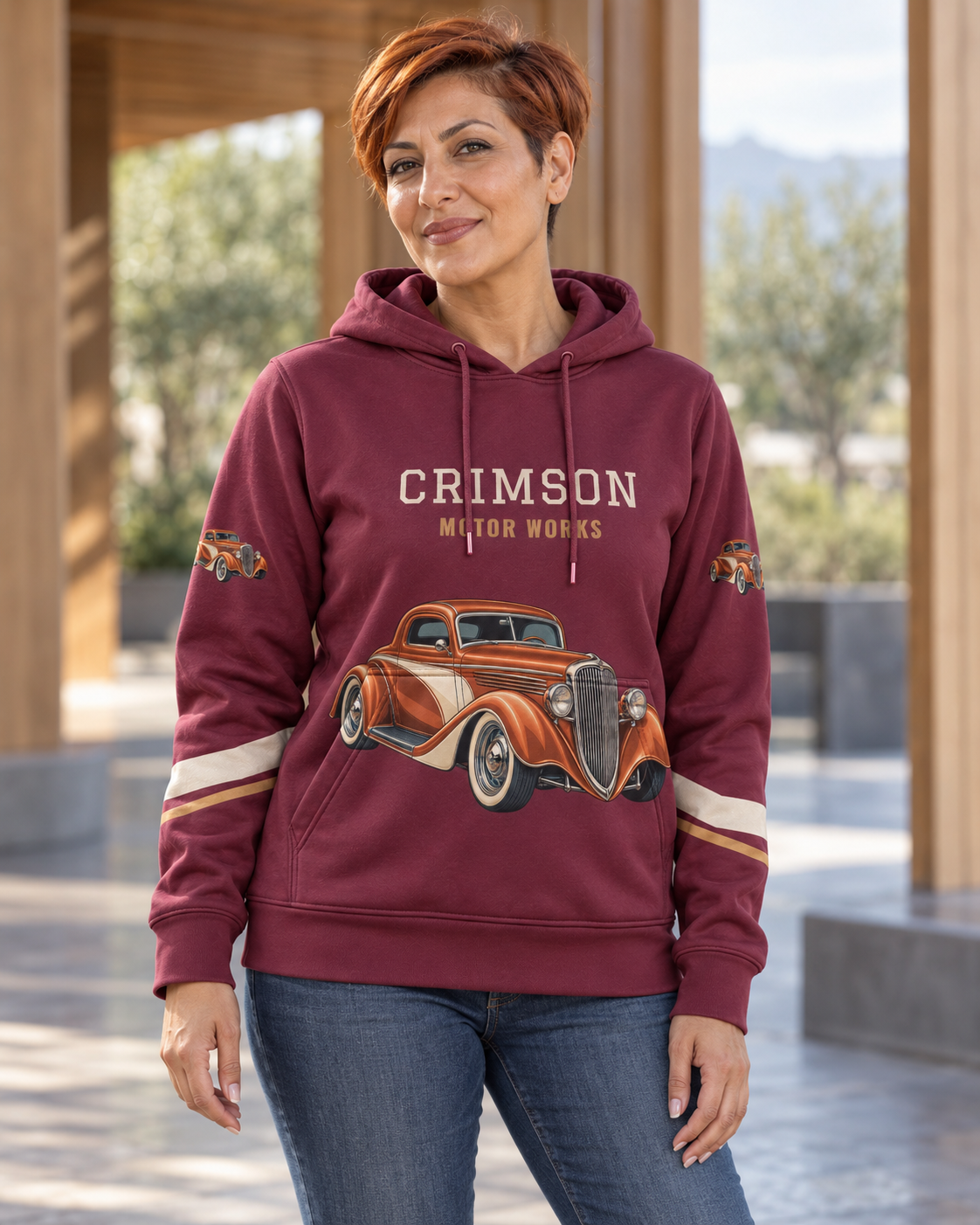 Custom Fully Sublimated Hoodie in Burgundy — Crimson Customs campaign