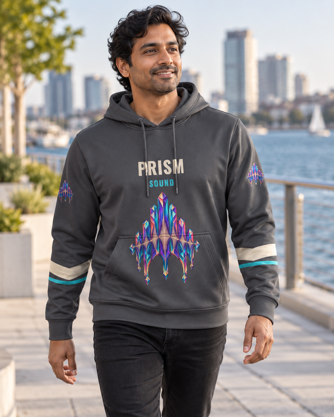 Custom Fully Sublimated Hoodie in Charcoal — Prism Sound campaign