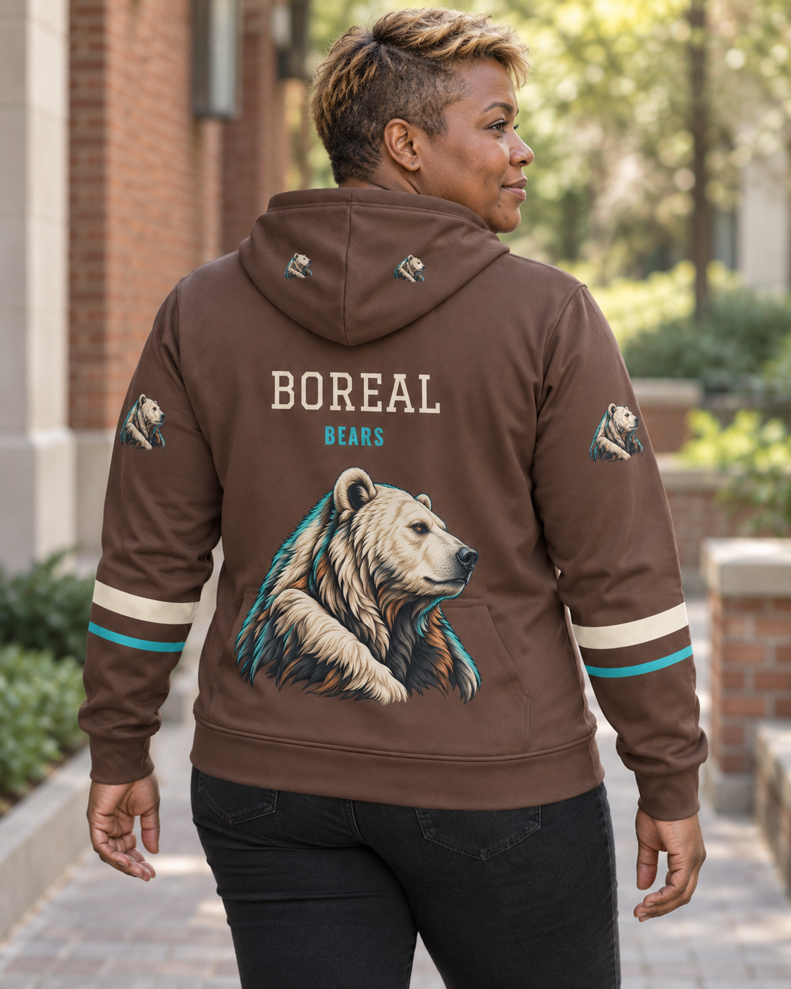 Custom Fully Sublimated Hoodie in Chocolate — Boreal Bears campaign