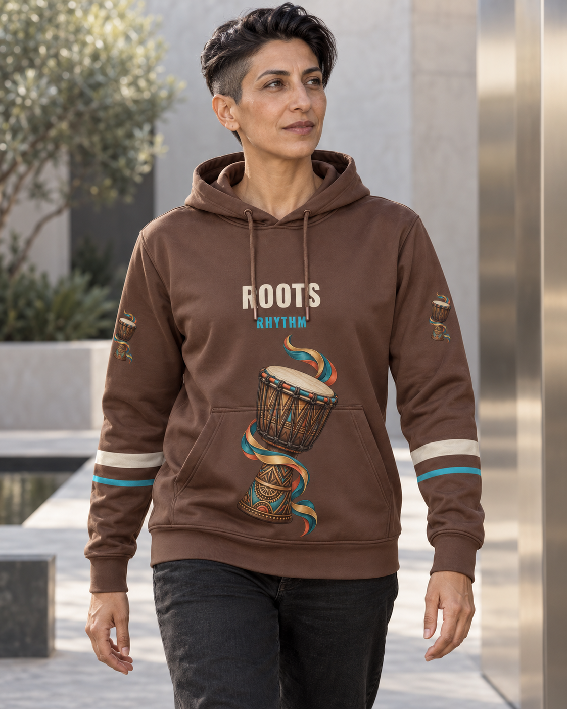Custom Fully Sublimated Hoodie in Chocolate — Roots Rhythm campaign