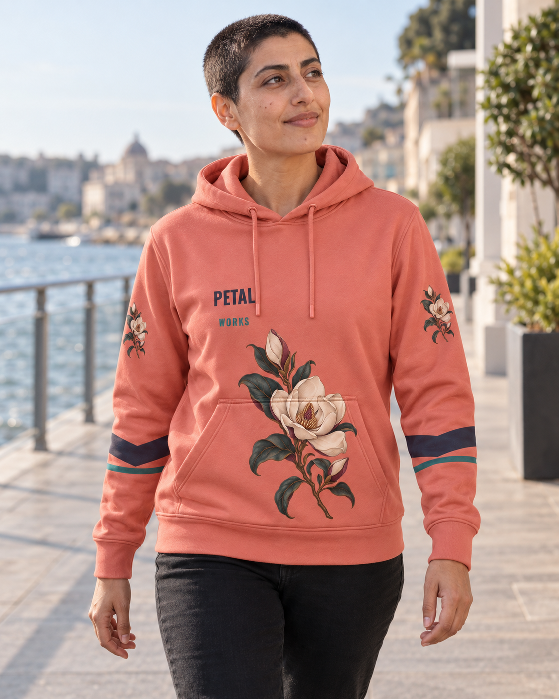 Custom Fully Sublimated Hoodie in Coral — Petal Works campaign