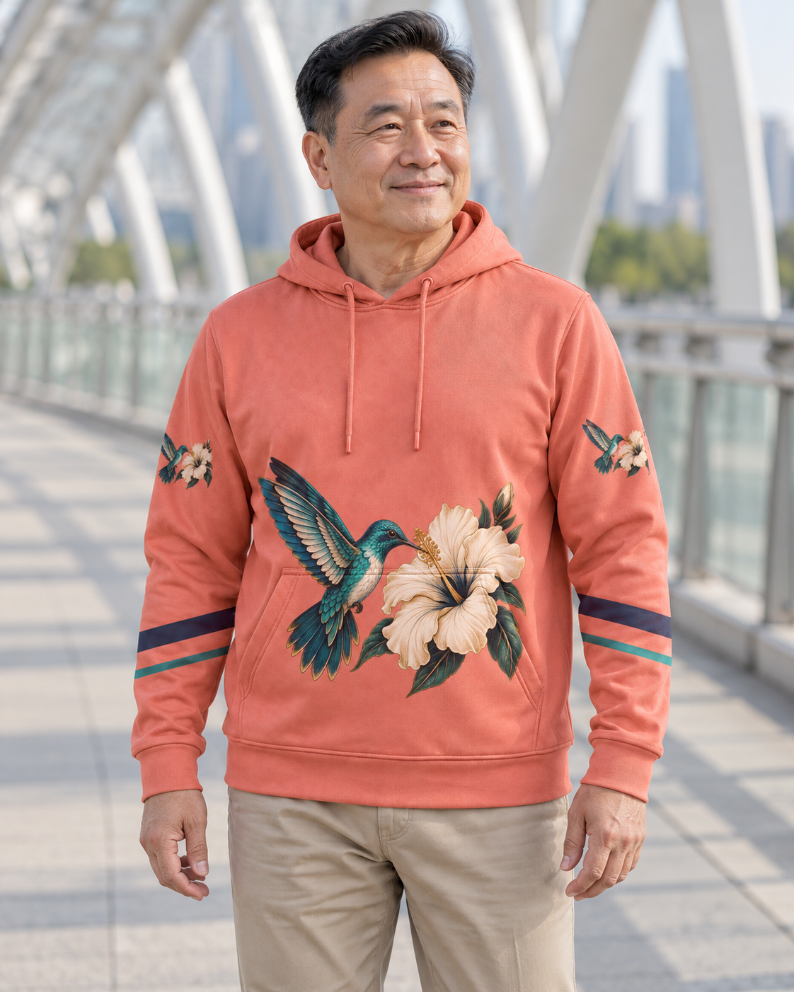 Custom Fully Sublimated Hoodie in Coral — Sunbird Bloom campaign