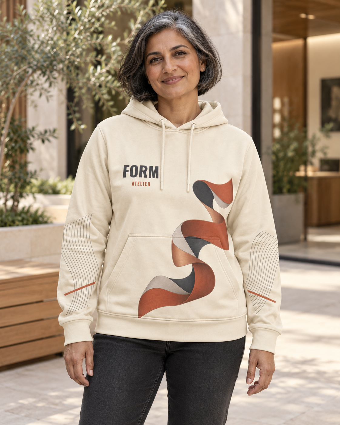Custom Fully Sublimated Hoodie in Cream — Form Atelier campaign