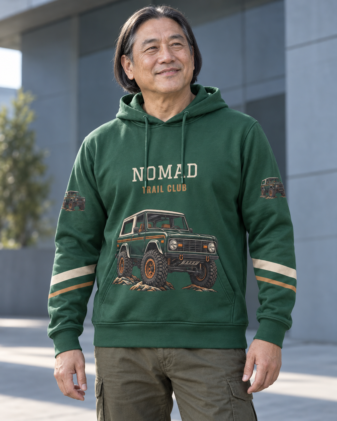 Custom Fully Sublimated Hoodie in Forest green — Trail Nomad campaign