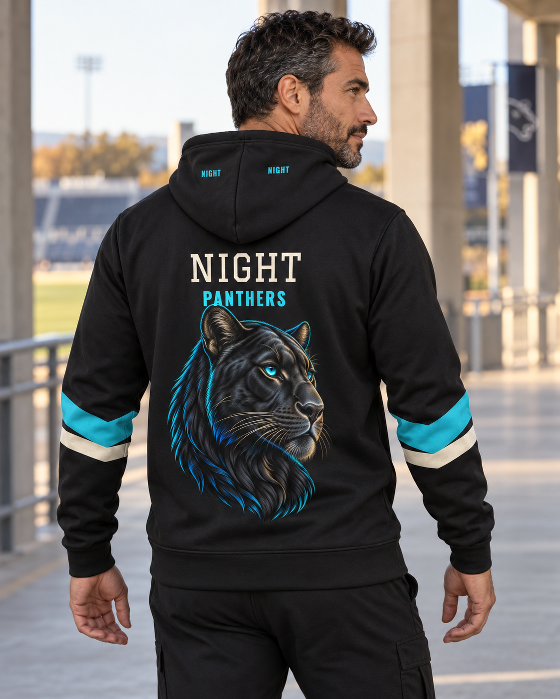 Custom Fully Sublimated Hoodie in Jet black — Night Panthers campaign