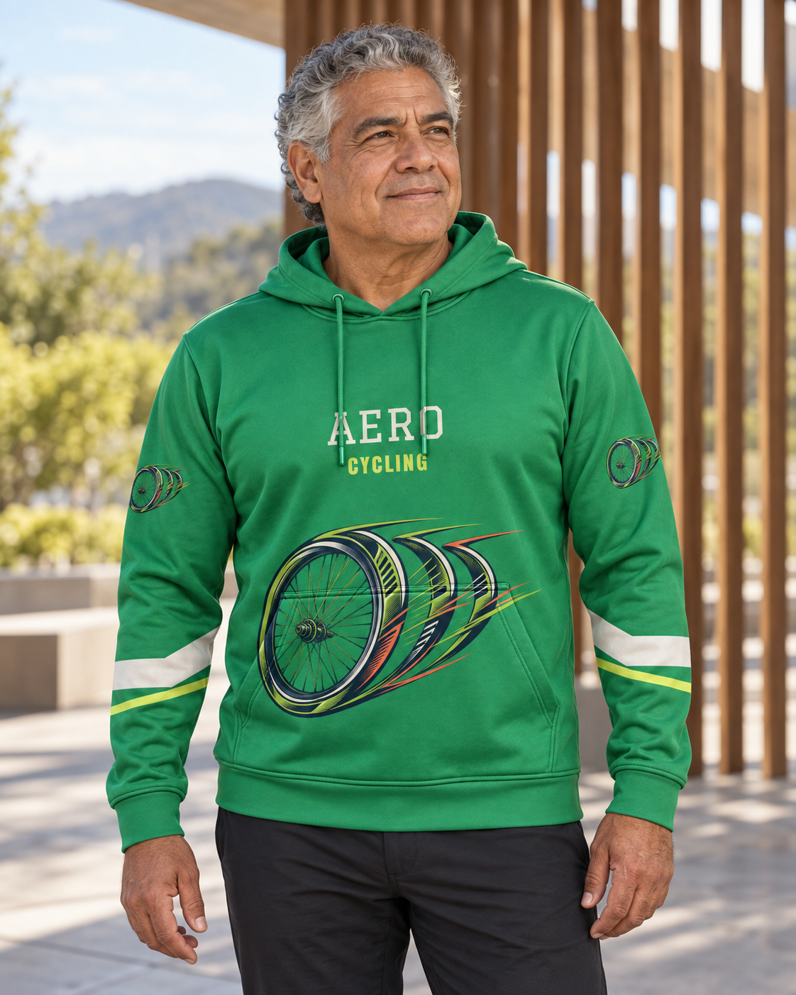 Custom Fully Sublimated Hoodie in Kelly green — Aero Cycling campaign