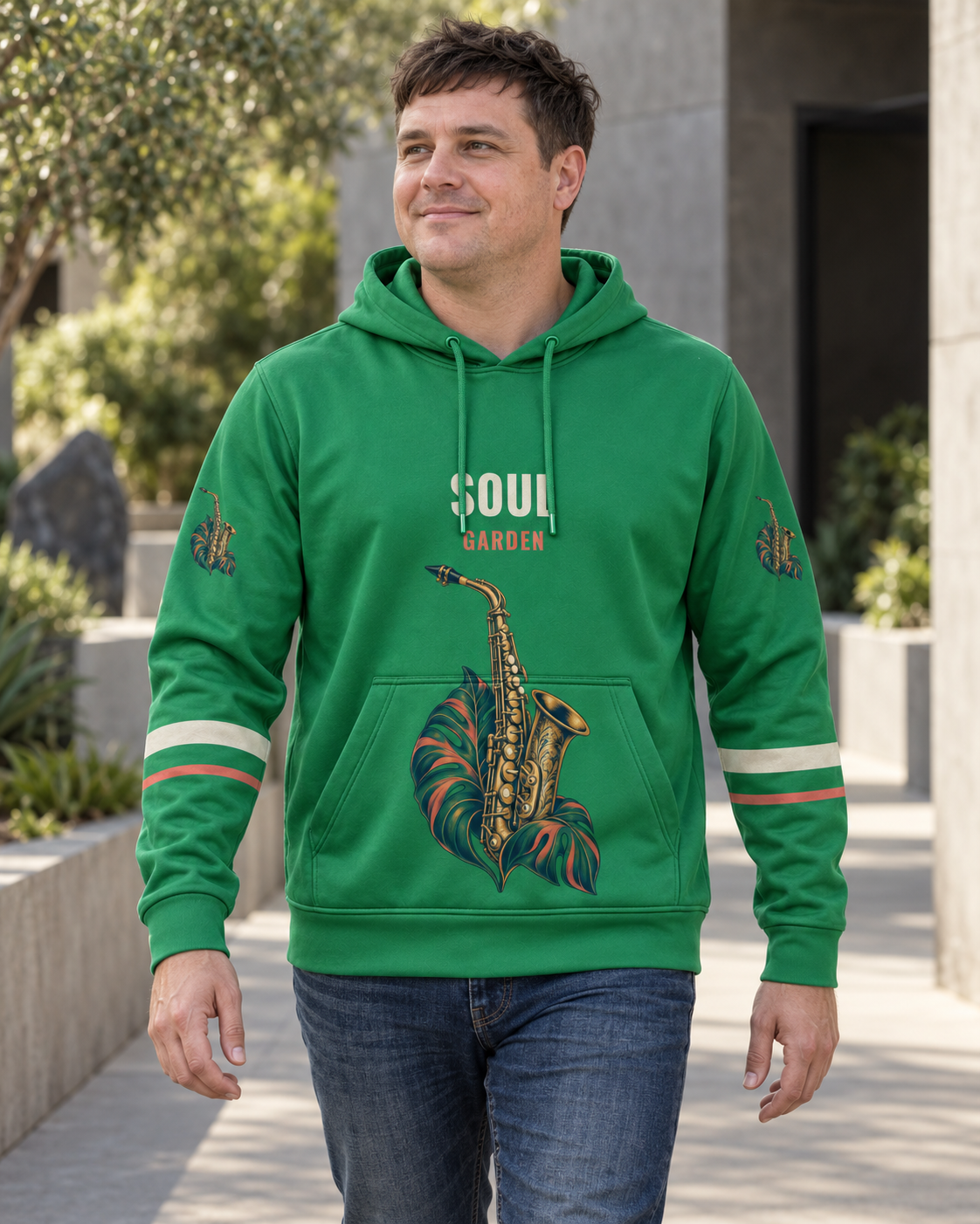 Custom Fully Sublimated Hoodie in Kelly green — Soul Garden campaign