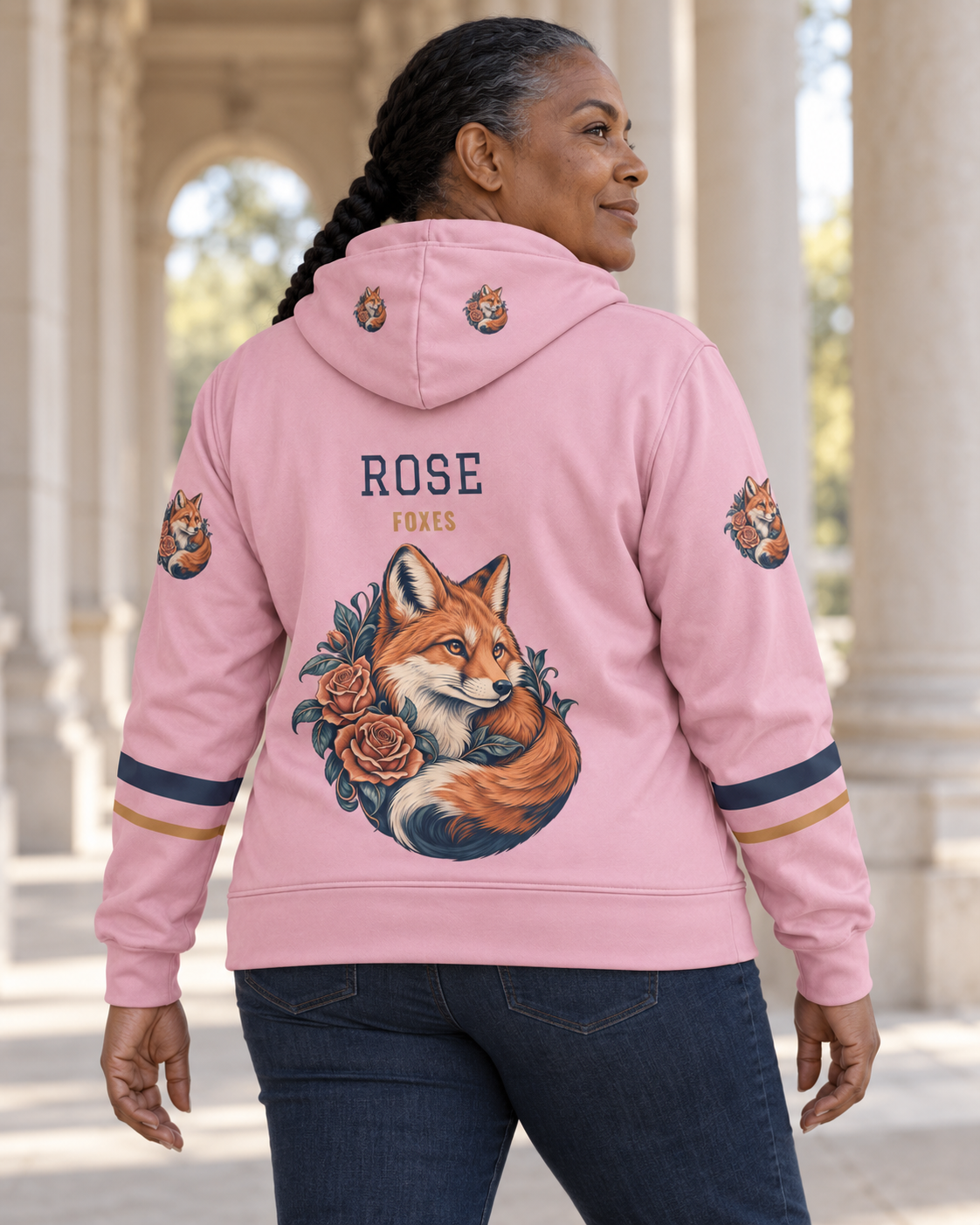 Custom Fully Sublimated Hoodie in Light pink — Rose Foxes campaign