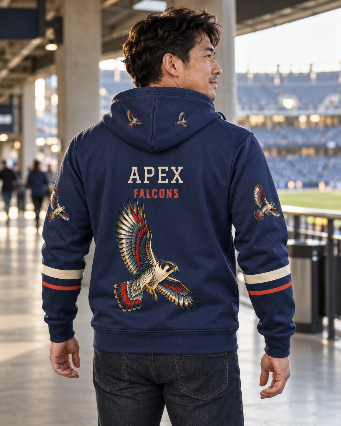 Custom Fully Sublimated Hoodie in Navy — Apex Falcons campaign
