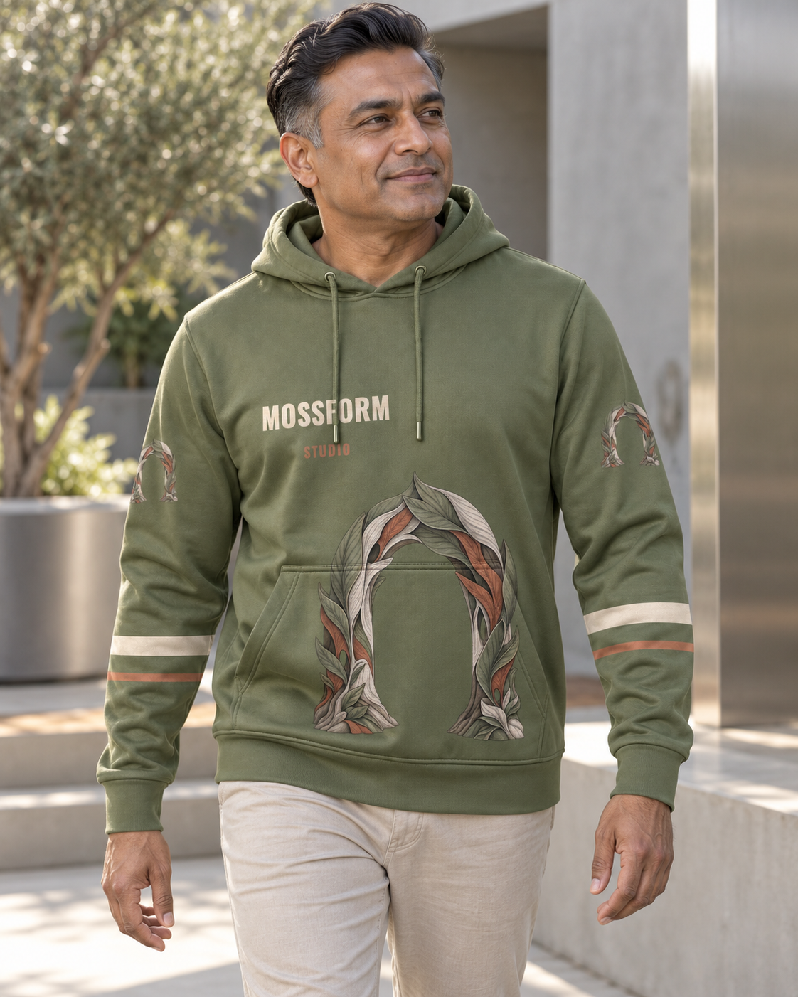 Custom Fully Sublimated Hoodie in Olive green — Mossform Studio campaign
