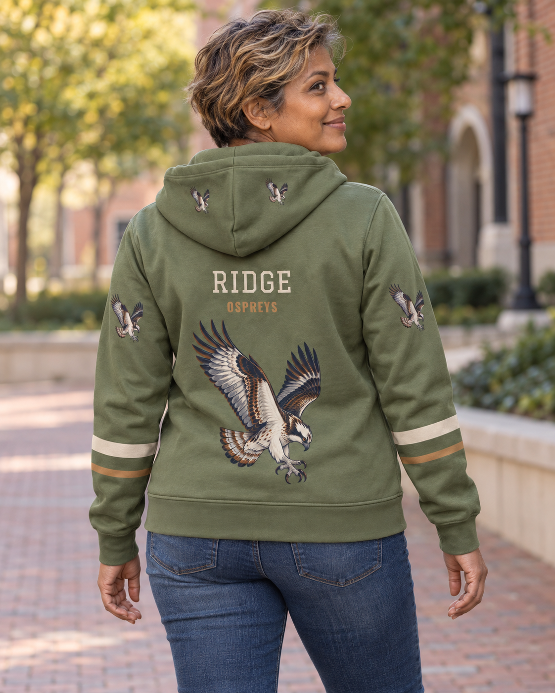 Custom Fully Sublimated Hoodie in Olive green — Ridge Ospreys campaign