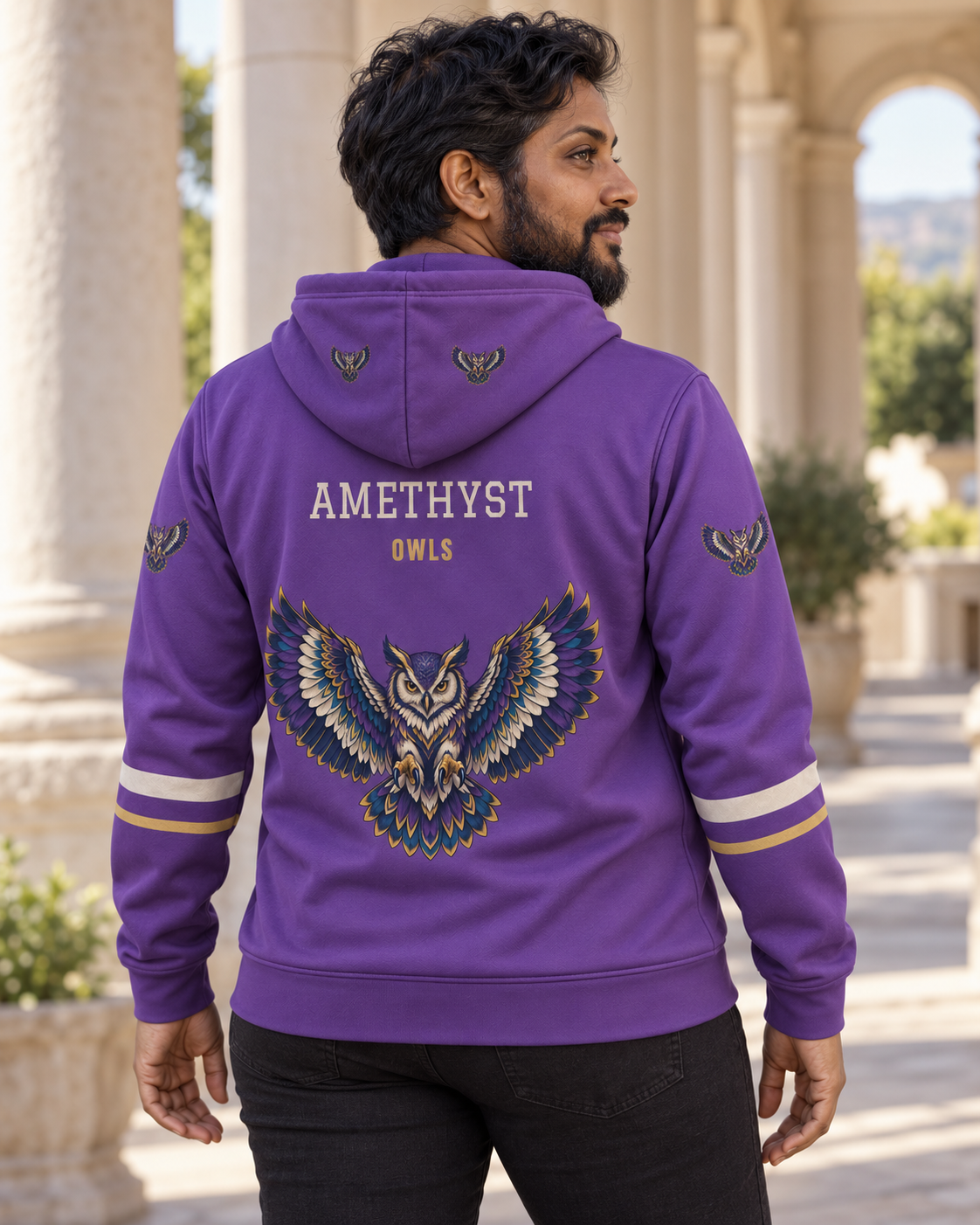Custom Fully Sublimated Hoodie in Purple — Amethyst Owls campaign