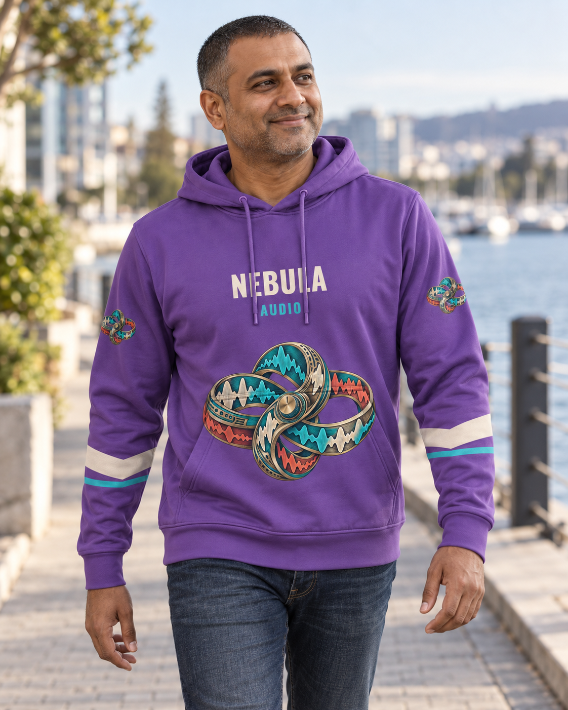 Custom Fully Sublimated Hoodie in Purple — Nebula Audio campaign