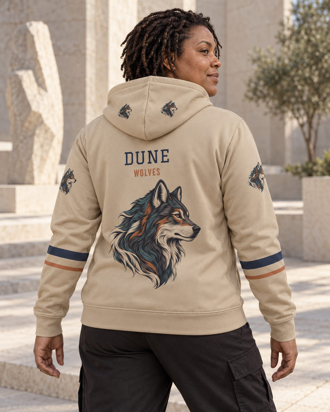 Custom Fully Sublimated Hoodie in Sand — Dune Wolves campaign
