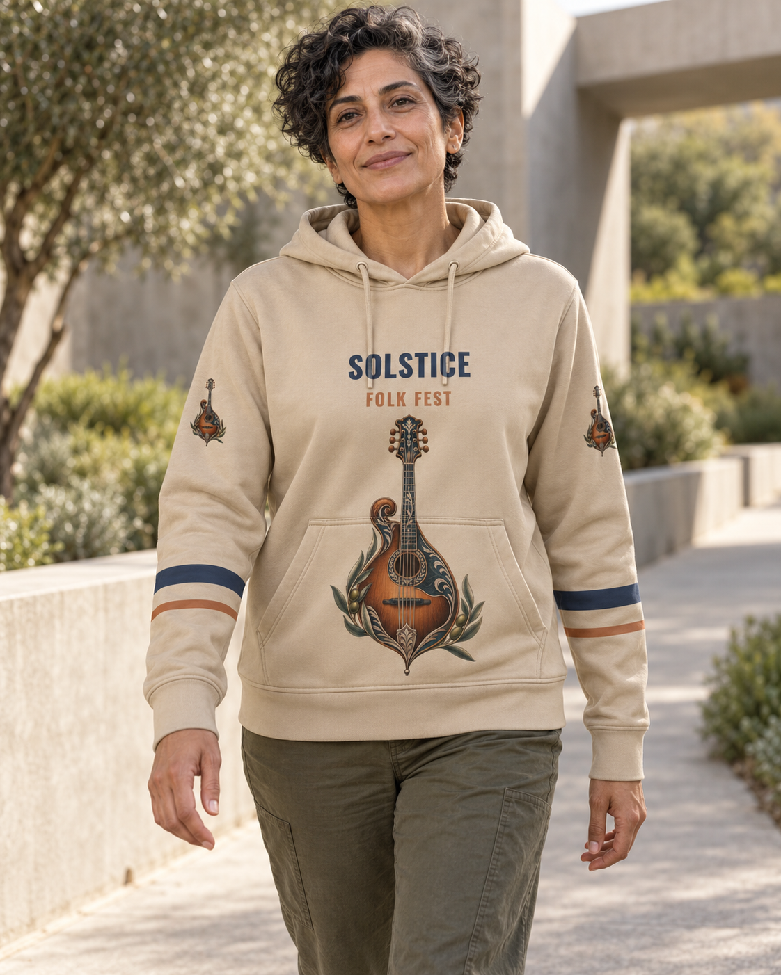 Custom Fully Sublimated Hoodie in Sand — Solstice Folk campaign