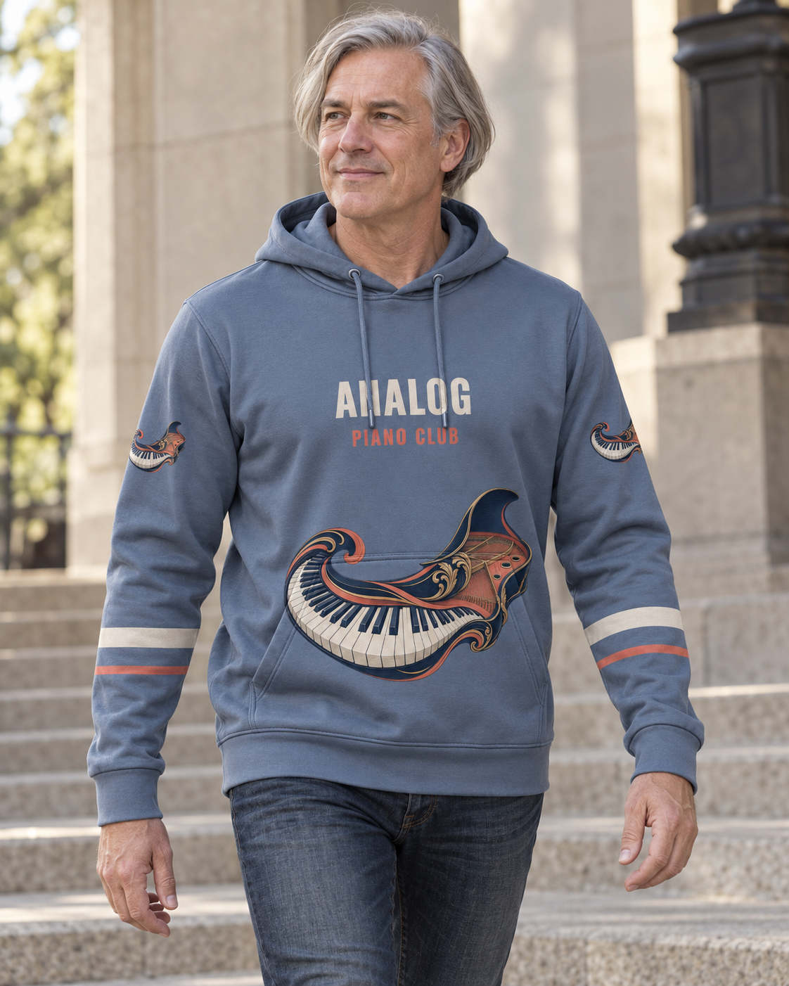 Custom Fully Sublimated Hoodie in Slate blue — Analog Sky campaign