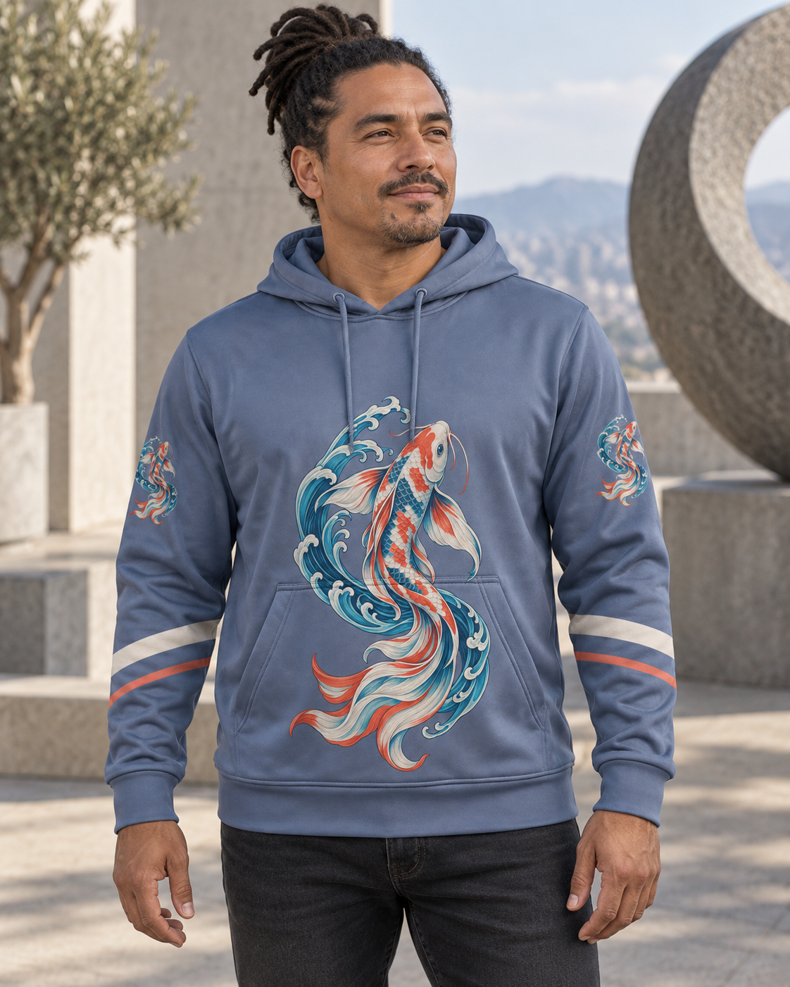 Custom Fully Sublimated Hoodie in Slate blue — Koi Passage campaign