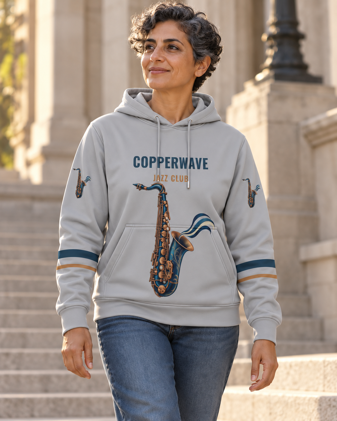 Custom Fully Sublimated Hoodie in Sport gray — Copperwave Jazz campaign
