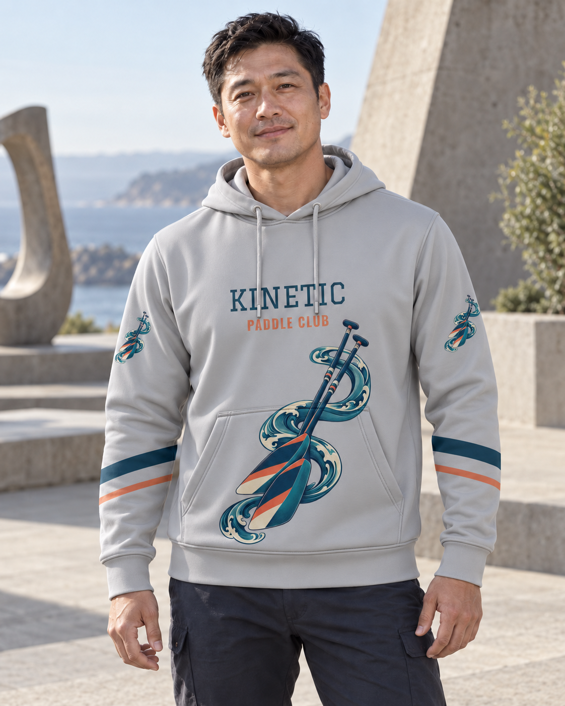Custom Fully Sublimated Hoodie in Sport gray — Kinetic Paddle Club campaign