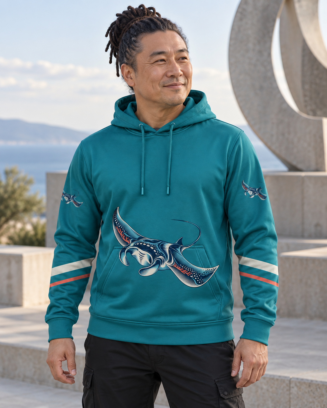 Custom Fully Sublimated Hoodie in Teal — Manta Passage campaign