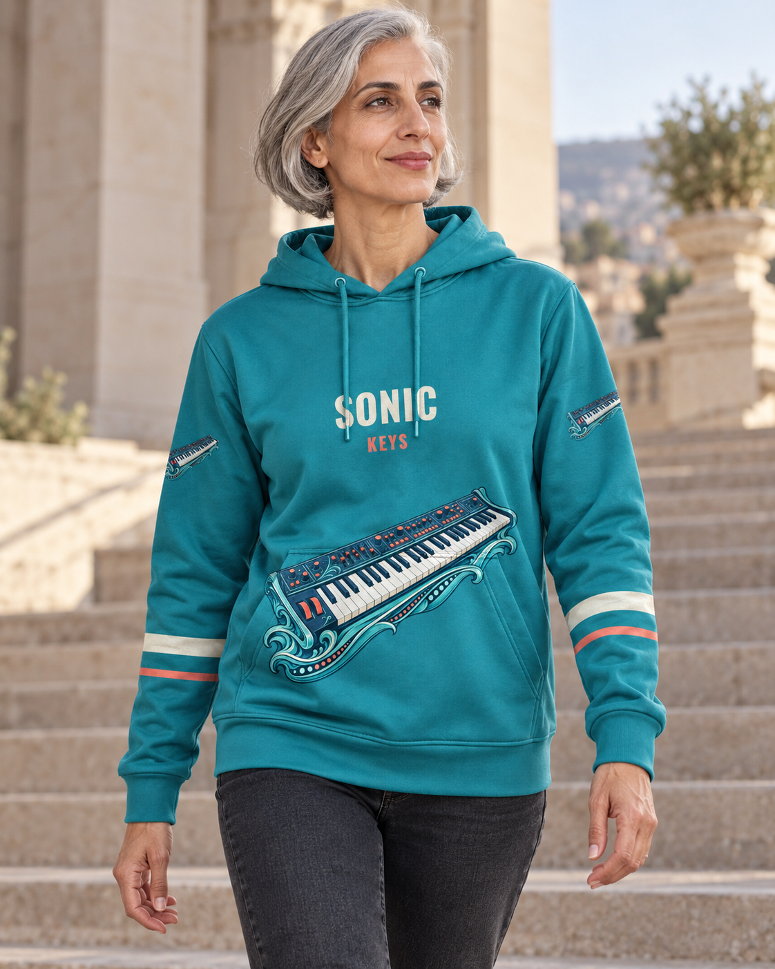 Custom Fully Sublimated Hoodie in Teal — Sonic Keys campaign