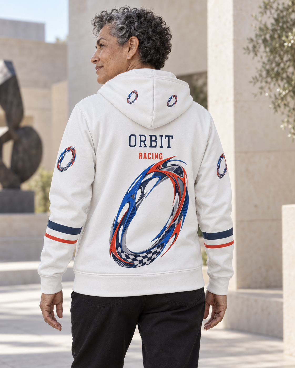 Custom Fully Sublimated Hoodie in White — Orbit Racing campaign