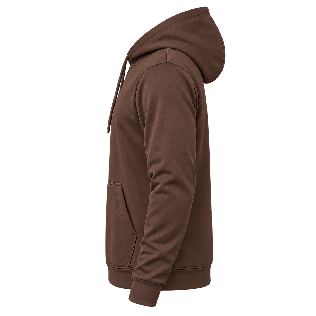 Custom Fully Sublimated Hoodie in Chocolate — wearer’s LEFT sleeve; front and hood opening face image-left