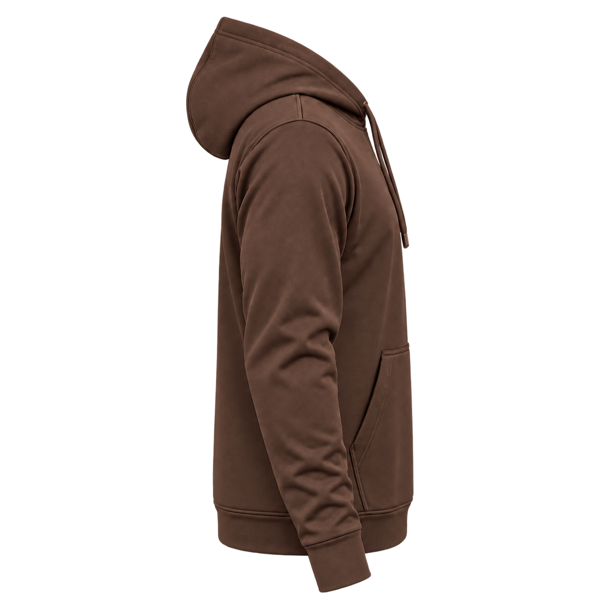 Custom Fully Sublimated Hoodie in Chocolate — wearer’s RIGHT sleeve; front and hood opening face image-right