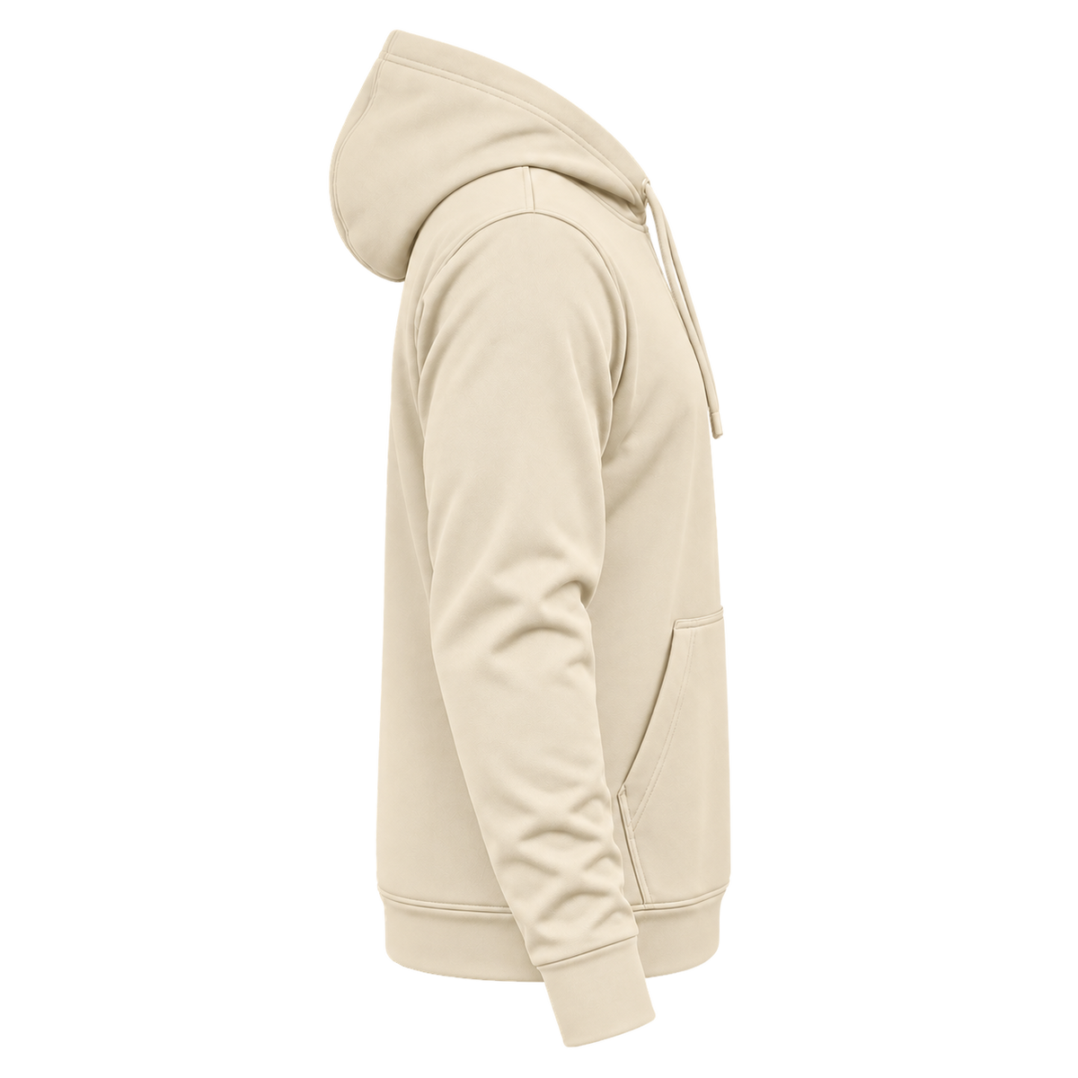 Custom Fully Sublimated Hoodie in Cream — wearer’s RIGHT sleeve; front and hood opening face image-right
