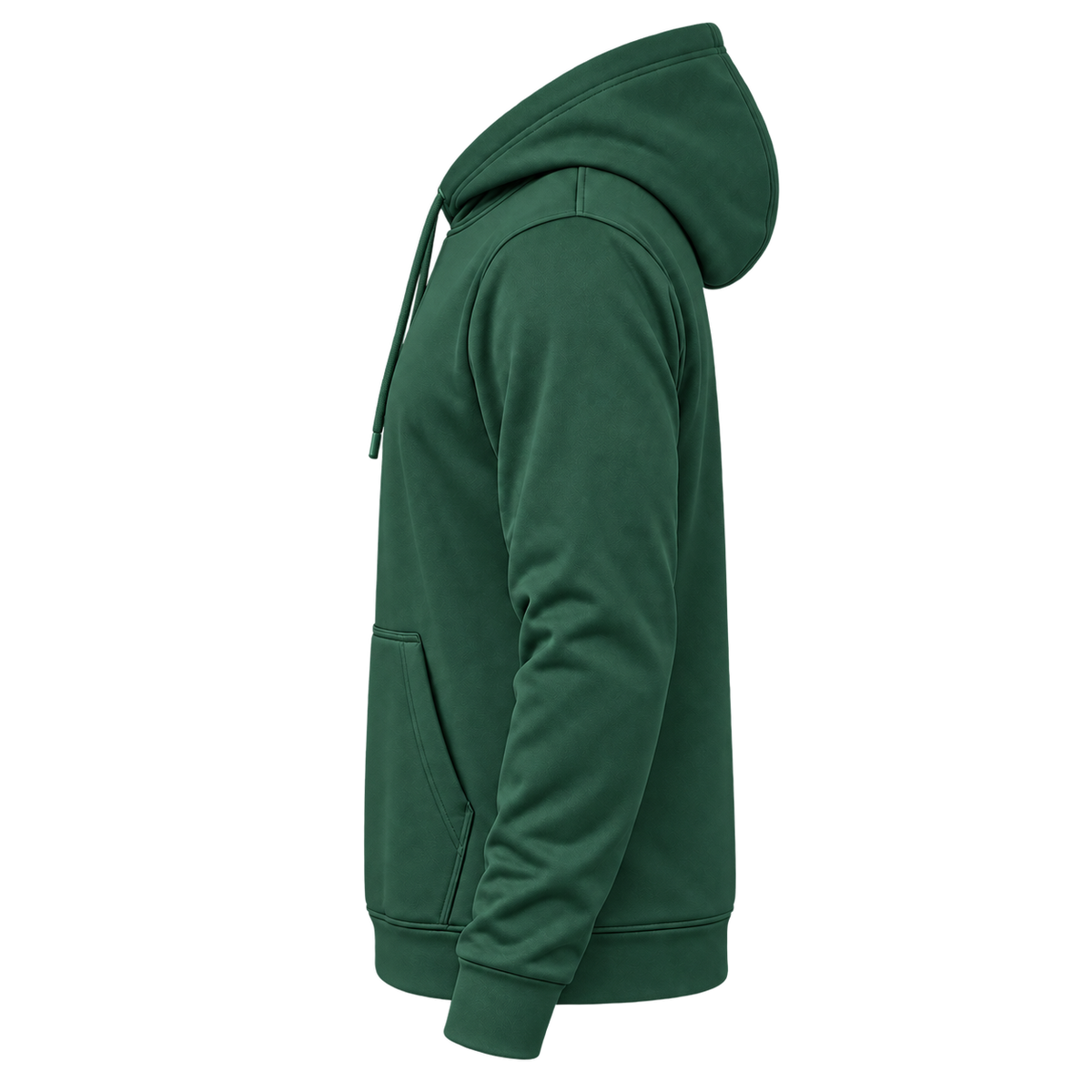 Custom Fully Sublimated Hoodie in Forest green — wearer’s LEFT sleeve; front and hood opening face image-left