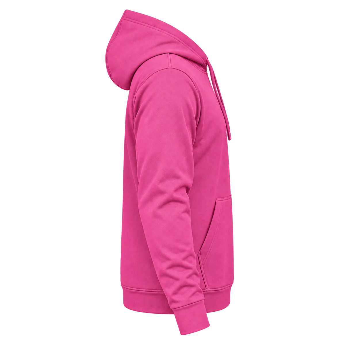 Custom Fully Sublimated Hoodie in Hot pink — wearer’s RIGHT sleeve; front and hood opening face image-right