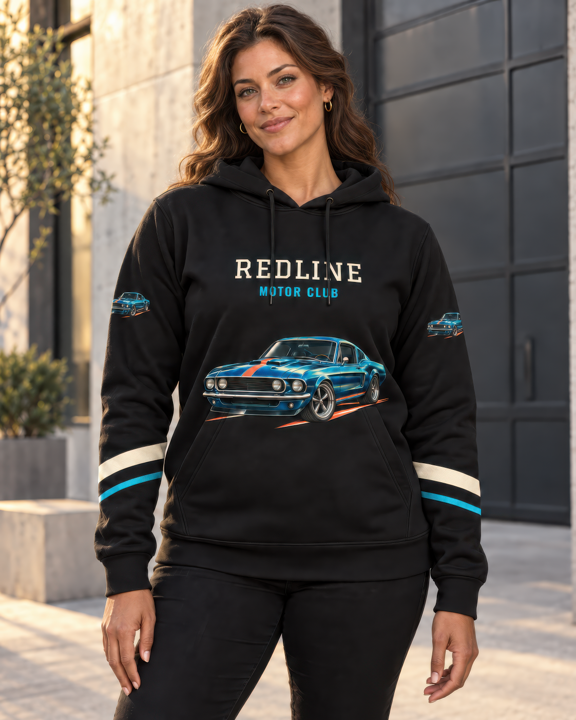 Model wearing a Jet Black custom all-over print hoodie with Redline Motor Club artwork