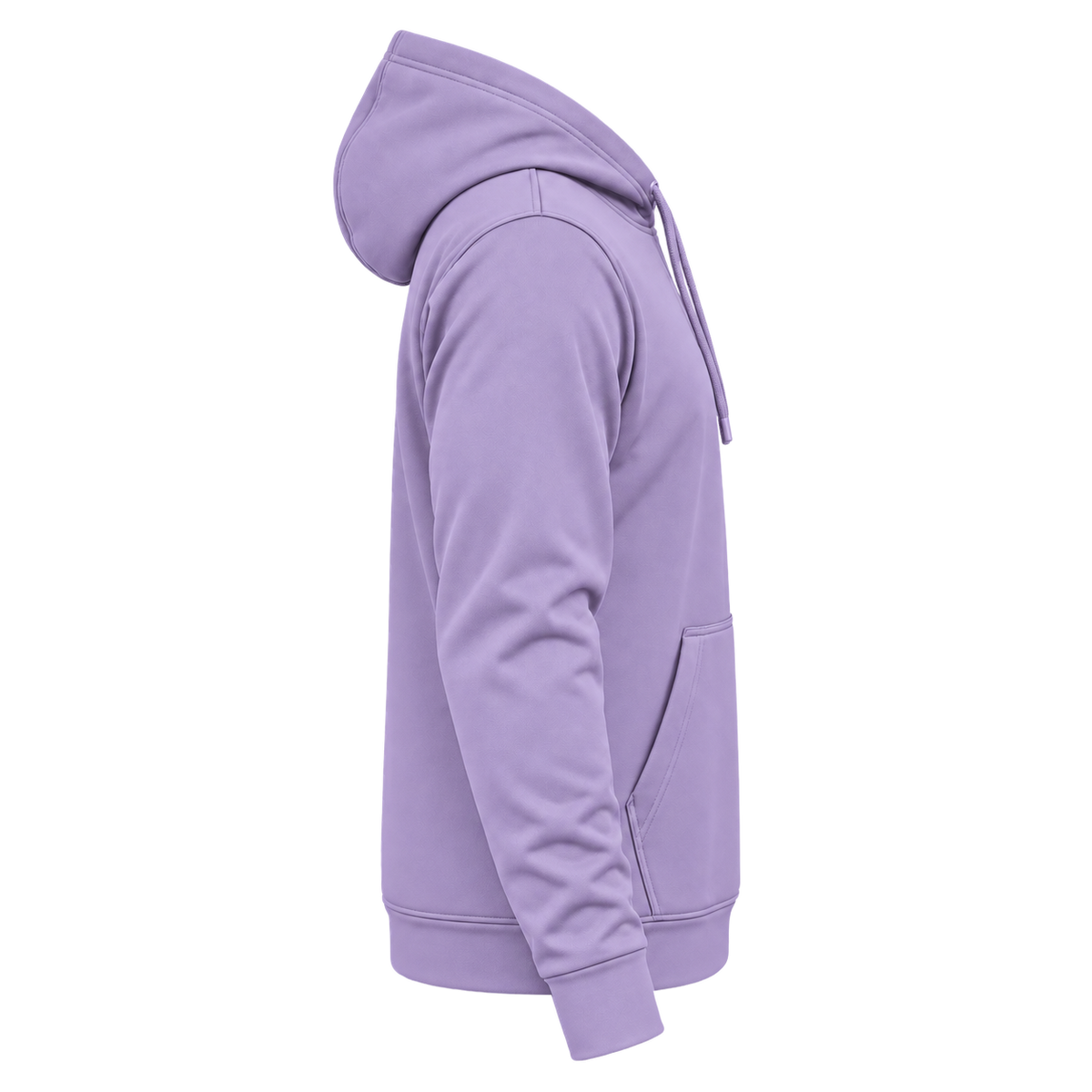 Custom Fully Sublimated Hoodie in Lavender — wearer’s RIGHT sleeve; front and hood opening face image-right