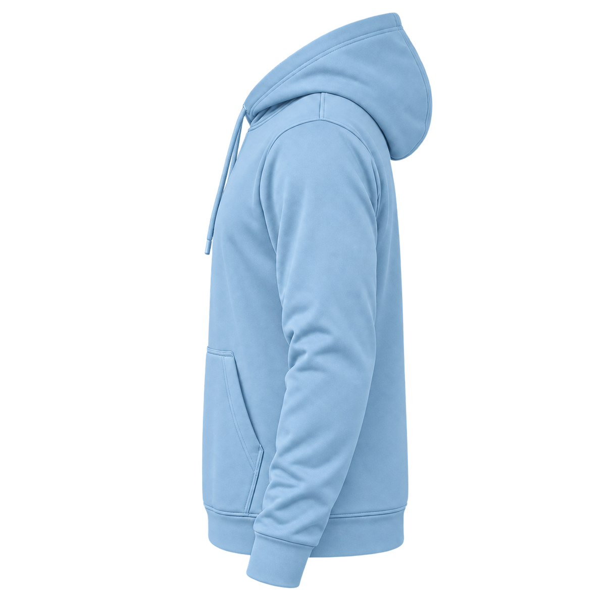 Custom Fully Sublimated Hoodie in Light blue — wearer’s LEFT sleeve; front and hood opening face image-left