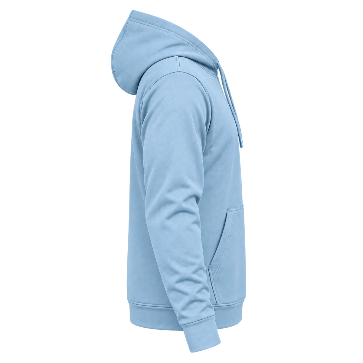 Custom Fully Sublimated Hoodie in Light blue — wearer’s RIGHT sleeve; front and hood opening face image-right