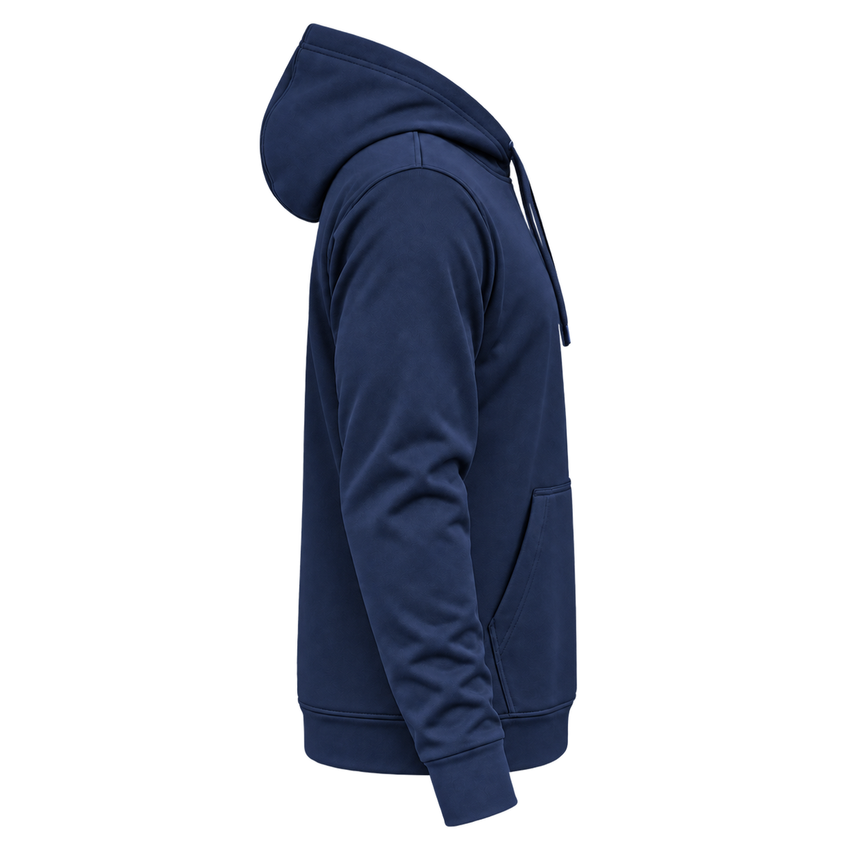 Custom Fully Sublimated Hoodie in Navy — wearer’s RIGHT sleeve; front and hood opening face image-right