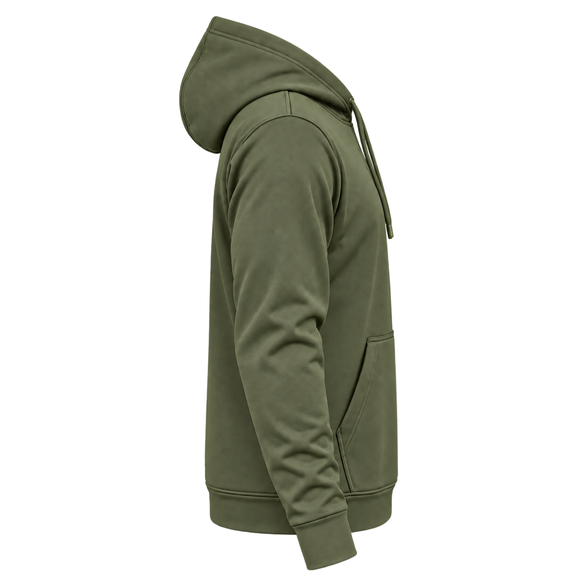Custom Fully Sublimated Hoodie in Olive green — wearer’s RIGHT sleeve; front and hood opening face image-right