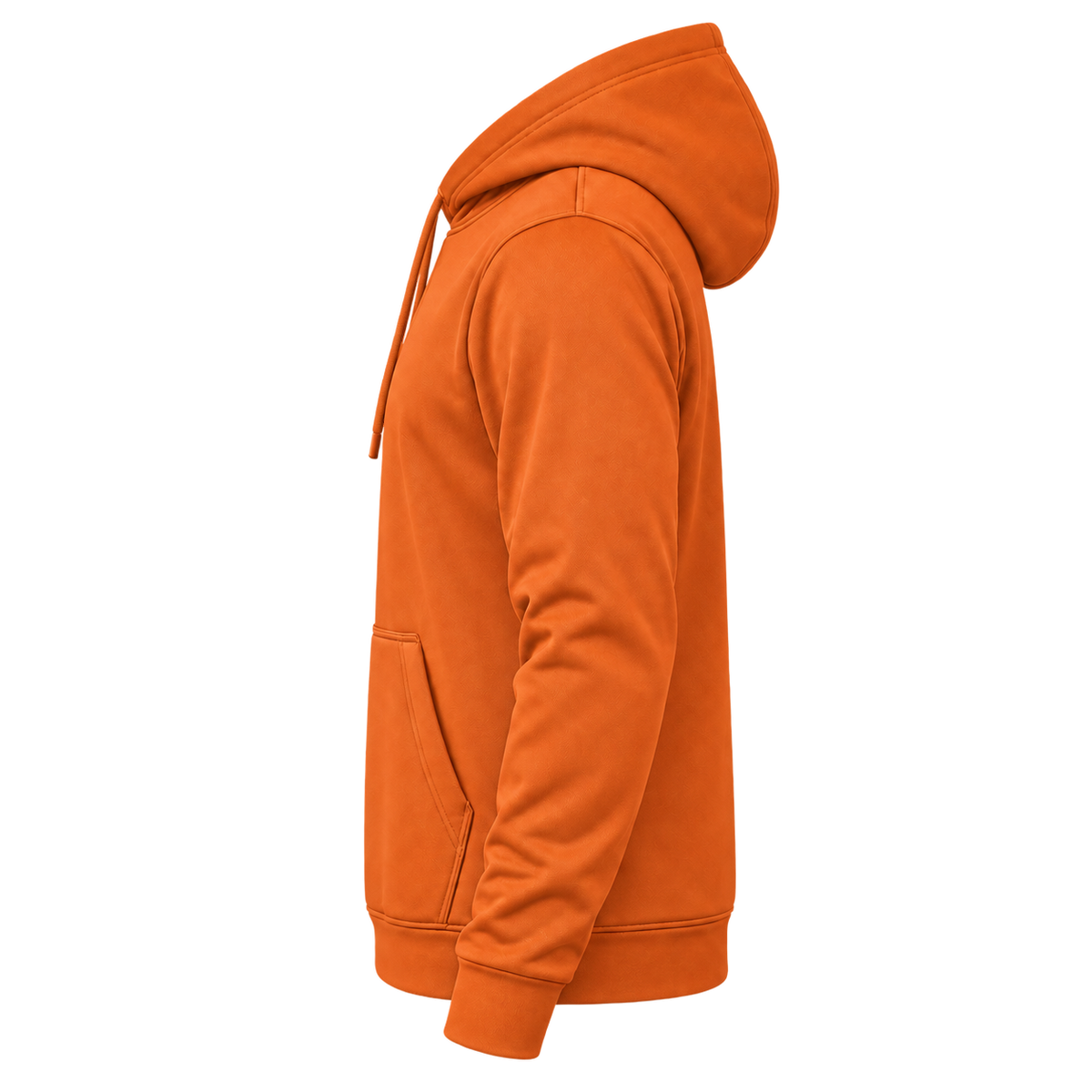 Custom Fully Sublimated Hoodie in Orange — wearer’s LEFT sleeve; front and hood opening face image-left