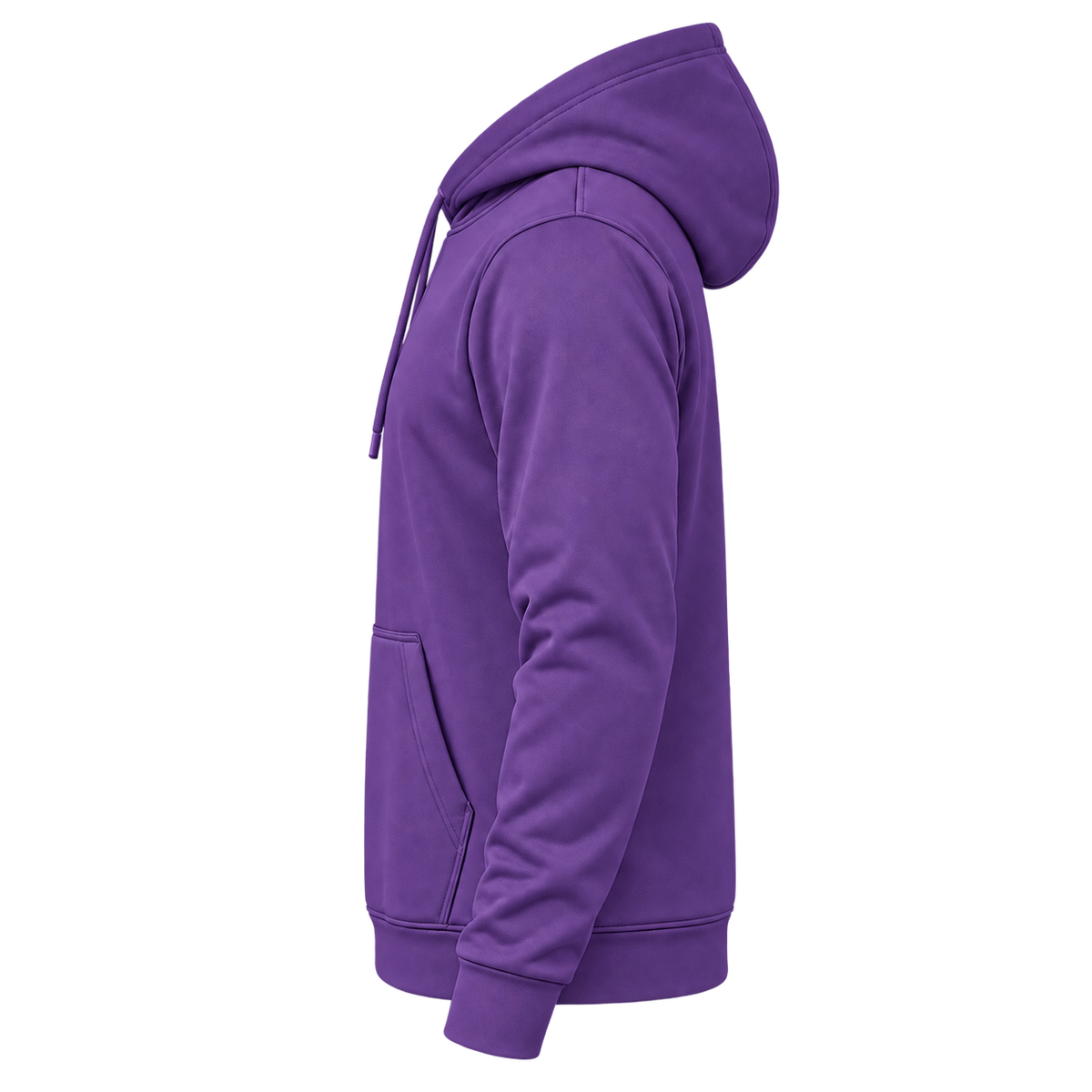 Custom Fully Sublimated Hoodie in Purple — wearer’s LEFT sleeve; front and hood opening face image-left