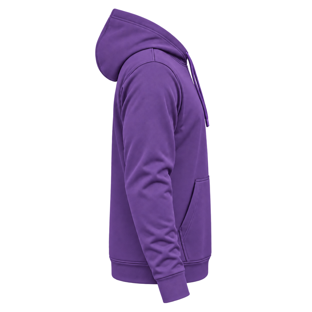 Custom Fully Sublimated Hoodie in Purple — wearer’s RIGHT sleeve; front and hood opening face image-right