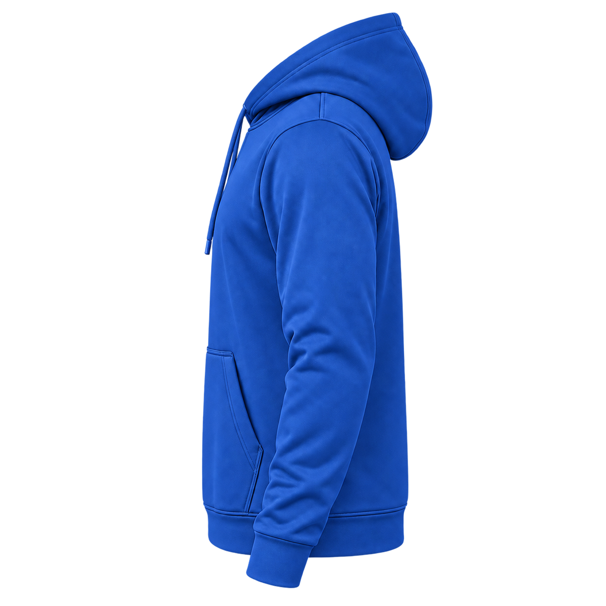 Custom Fully Sublimated Hoodie in Royal blue — wearer’s LEFT sleeve; front and hood opening face image-left