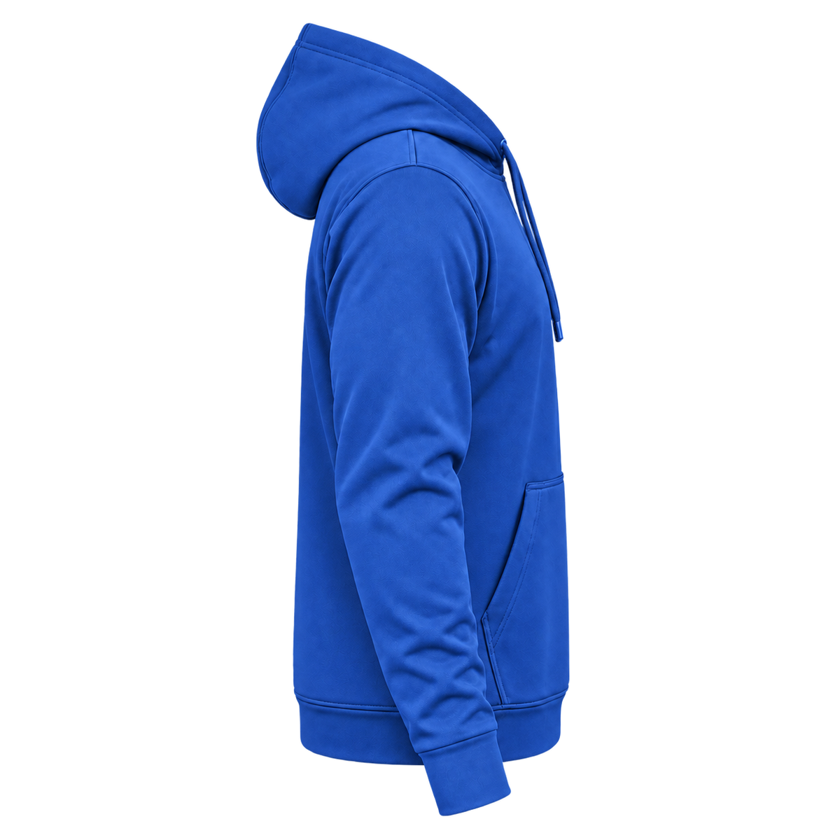 Custom Fully Sublimated Hoodie in Royal blue — wearer’s RIGHT sleeve; front and hood opening face image-right