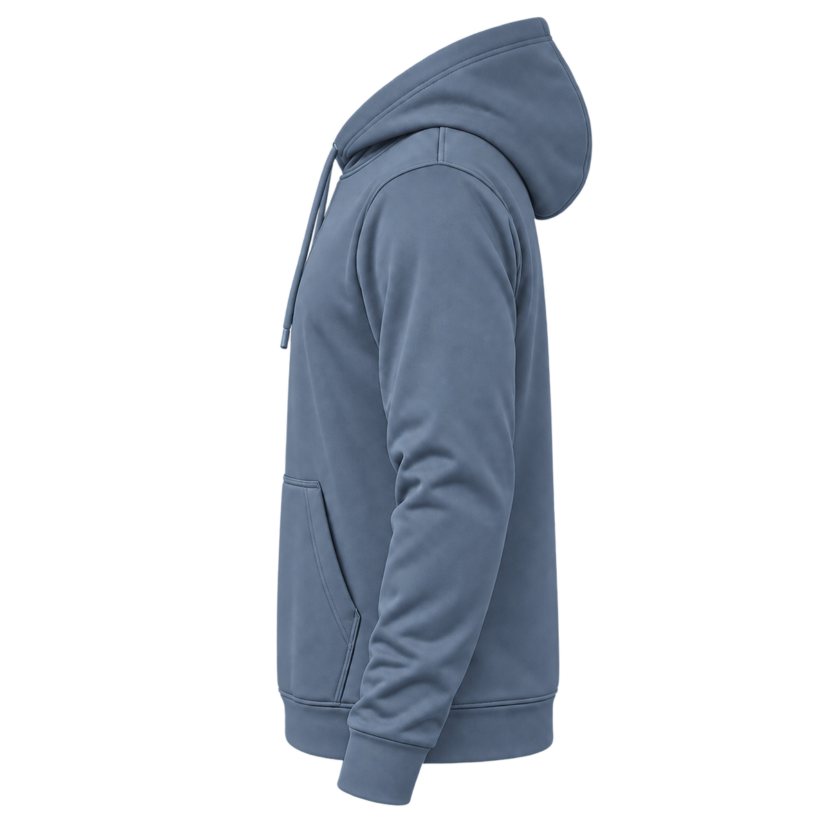 Custom Fully Sublimated Hoodie in Slate blue — wearer’s LEFT sleeve; front and hood opening face image-left
