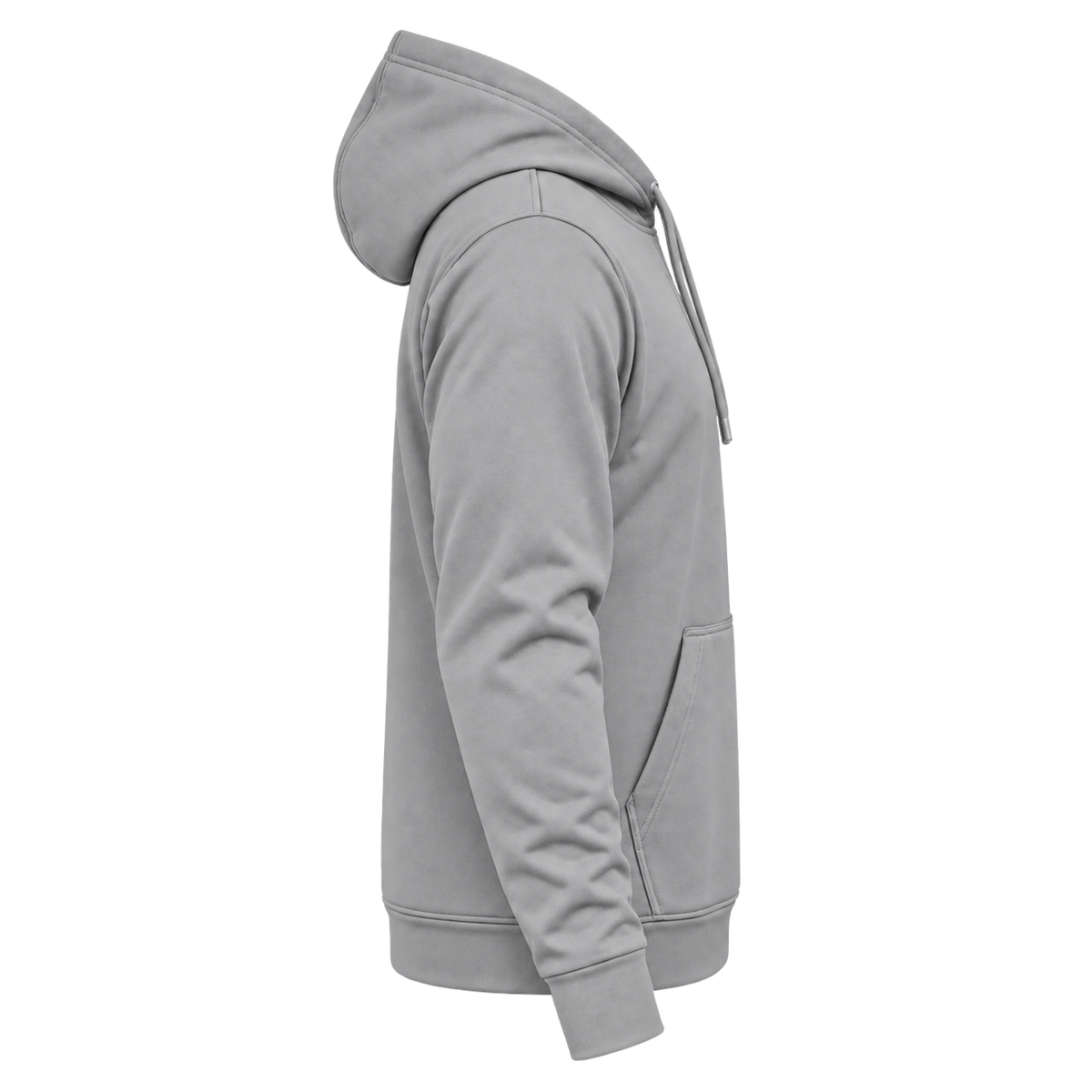 Custom Fully Sublimated Hoodie in Sport gray — wearer’s RIGHT sleeve; front and hood opening face image-right