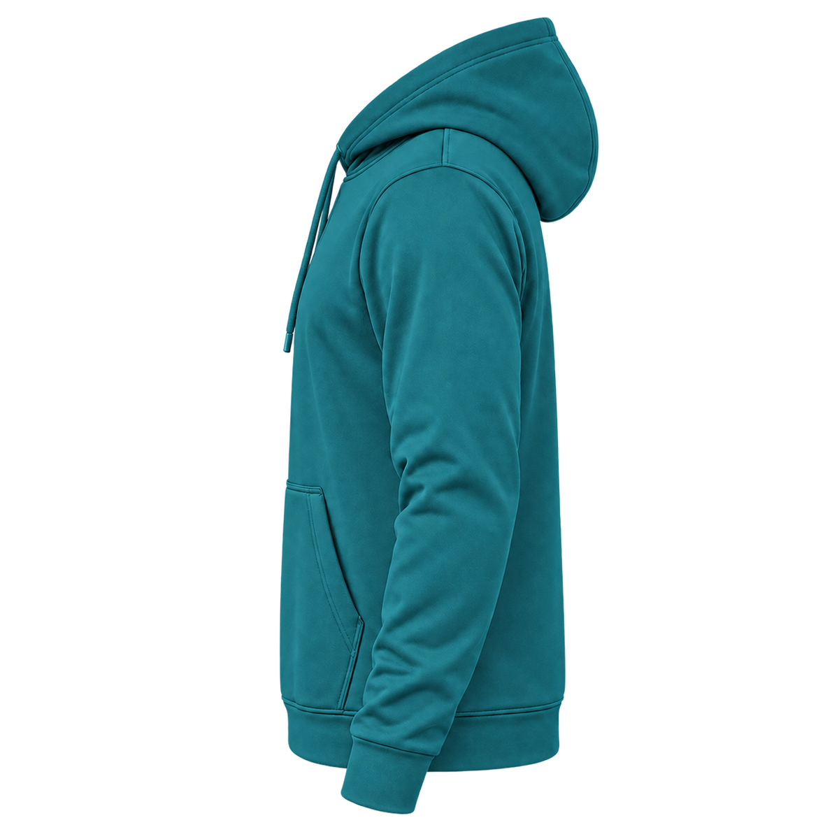 Custom Fully Sublimated Hoodie in Teal — wearer’s LEFT sleeve; front and hood opening face image-left