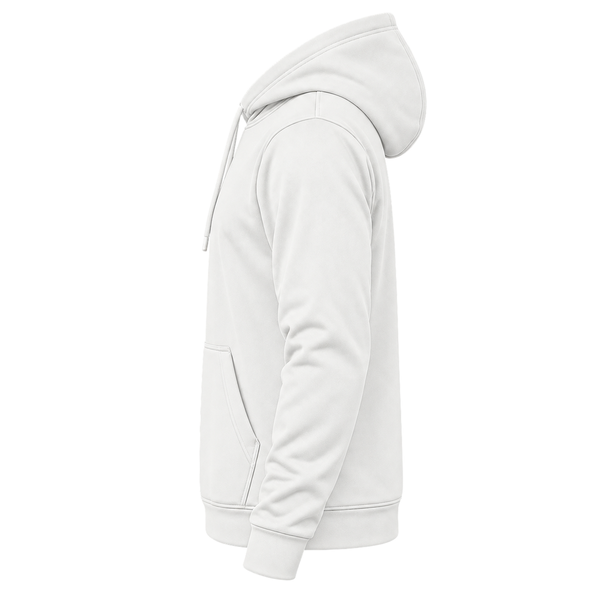 Custom Fully Sublimated Hoodie in White — wearer’s LEFT sleeve; front and hood opening face image-left