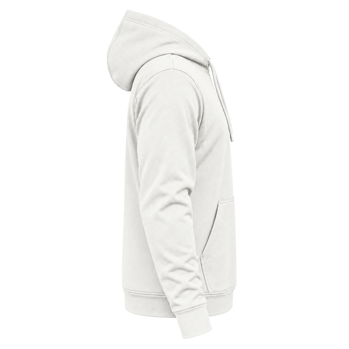Custom Fully Sublimated Hoodie in White — wearer’s RIGHT sleeve; front and hood opening face image-right