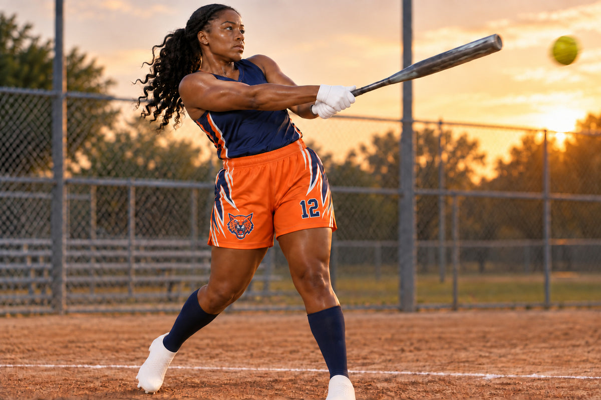 Softball batter finishing a two-hand swing on an evening field wearing orange custom sublimated athletic shorts with number 12.