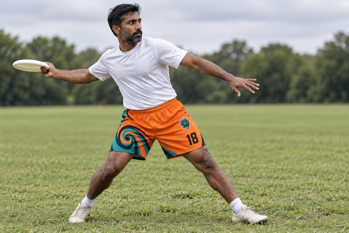Ultimate player stepping through a backhand throw on a grass field wearing orange custom sublimated athletic shorts with number 18.