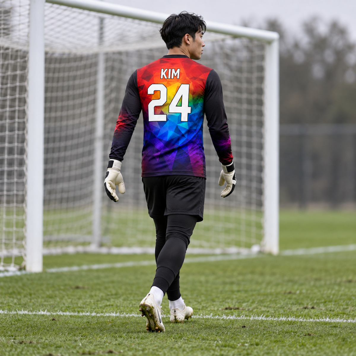 Prism Core custom goalkeeper jersey worn by male goalkeeper, full back view, KIM 24